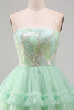 Mint Green Tiered Ruffle Tulle Sequins Strapless Short Homecoming Dress