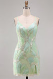 Mint Green Sequins V-Neck Short Bodycon Homecoming Dress with Slit