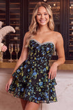Blue Flower Corset A-Line Rhinestones Tiered Homecoming Dress with Ruffles