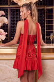 Red Strapless Beaded A-Line Floral Embroidered Homecoming Dress with Neck Scarf