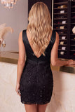 Pink Floral Sequins Bodycon V-Neck Ruched Short Homecoming Dress