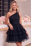 One Shoulder Yellow Tulle A-Line Tiered Mini Homecoming Dress with Ruffles