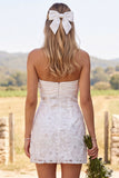 Strapless Ivory Bodycon Lace Beaded Ruched Floral Short Bridal Shower Dress