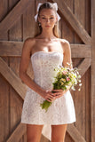 Ivory Lace Strapless A-Line Pearls Short Bridal Shower Dress with Bow