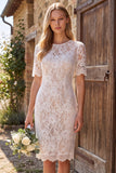 Ivory Sheath Bateau Neck Lace Short Bridal Shower Dress