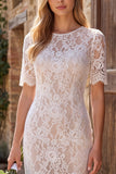 Ivory Sheath Bateau Neck Lace Short Bridal Shower Dress
