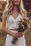 Ivory V-Neck Two Piece Tiered Slit A-Line Lace Long Bridal Shower Dress with Ruffles