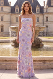 Sparkly Floral Lilac Mermaid Spaghetti Straps Long Prom Dress with Sequins