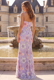 Sparkly Floral Lilac Mermaid Spaghetti Straps Long Prom Dress with Sequins