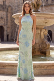 Sage Green Sparkly Halter Floral Sequins Mermaid Long Prom Dress
