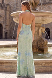 Sage Green Sparkly Halter Floral Sequins Mermaid Long Prom Dress