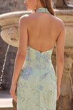 Sage Green Sparkly Halter Floral Sequins Mermaid Long Prom Dress
