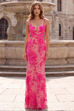 Sparkly Fuchsia Floral Mermaid Spaghetti Straps Long Prom Dress with Beading