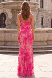 Sparkly Fuchsia Floral Mermaid Spaghetti Straps Long Prom Dress with Beading