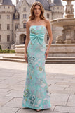 Sparkly Beaded Mint Green Mermaid Strapless Floral Long Prom Dress with Bow