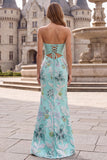 Sparkly Beaded Mint Green Mermaid Strapless Floral Long Prom Dress with Bow
