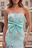 Sparkly Beaded Mint Green Mermaid Strapless Floral Long Prom Dress with Bow