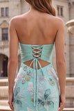 Sparkly Beaded Mint Green Mermaid Strapless Floral Long Prom Dress with Bow