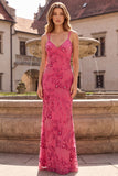 Fuchsia Floral Sparkly Mermaid Beaded Spaghetti Straps Long Prom Dress with Sequins