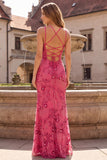 Fuchsia Floral Sparkly Mermaid Beaded Spaghetti Straps Long Prom Dress with Sequins