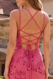 Fuchsia Floral Sparkly Mermaid Beaded Spaghetti Straps Long Prom Dress with Sequins
