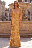 Sparkly Mermaid Spaghetti Straps Sequins Long Gold Prom Dress