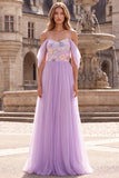 Sparkly Sequins Lilac Cold Shoulder A-Line Floral Long Prom Dress