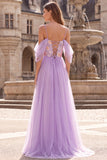 Sparkly Sequins Lilac Cold Shoulder A-Line Floral Long Prom Dress