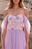 Sparkly Sequins Lilac Cold Shoulder A-Line Floral Long Prom Dress