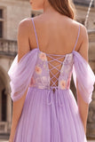 Sparkly Sequins Lilac Cold Shoulder A-Line Floral Long Prom Dress