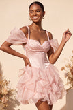 Pink Corset Cold Shoulder Short Homecoming Dress with Ruffle Hem