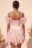 Pink Corset Cold Shoulder Short Homecoming Dress with Ruffle Hem