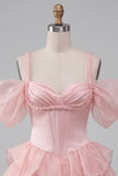 Pink Corset Cold Shoulder Short Homecoming Dress with Ruffle Hem