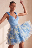 Grey Blue Bow-Strap V-Neck Pearls Tiered Short Homecoming Dress