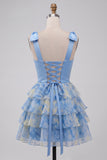 Grey Blue Bow-Strap V-Neck Pearls Tiered Short Homecoming Dress