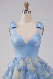 Grey Blue Bow-Strap V-Neck Pearls Tiered Short Homecoming Dress