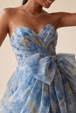 Grey Blue Strapless A-Line Ruched Short Homecoming Dress with Bow