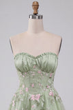 Sage Green A-Line Floral Embroidery Strapless Corset Short Homecoming Dress