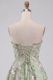 Sage Green A-Line Floral Embroidery Strapless Corset Short Homecoming Dress