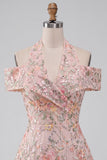 Floral Embroidered Sequin Cold-Shoulder Halter Short Homecoming Dress