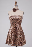 Sparkly Leopard Print Sequin Strapless Short Homecoming Dress with Rosette Choker