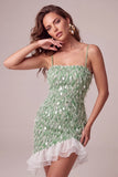 Green Bodycon Square Neck Sequin Fringe Homecoming Dress with Asymmetric Ruffled Hem