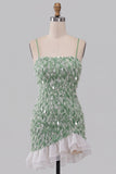 Green Bodycon Square Neck Sequin Fringe Homecoming Dress with Asymmetric Ruffled Hem