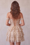 Champagne Corset Off the Shoulder Tiered Short Homecoming Dress with Beading