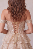 Champagne Corset Off the Shoulder Tiered Short Homecoming Dress with Beading