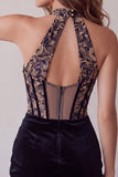Black Corset Halter Velvet Ruched Deep V-Neck Short Homecoming Dress with Embroidery