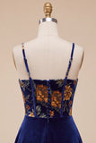 Navy A-Line Velvet Corset Floral Printed Short Homecoming Dress