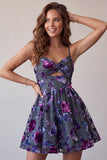 Plum A-Line Sweetheart Cut Out Floral Short Homecoming Dress