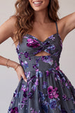 Plum A-Line Sweetheart Cut Out Floral Short Homecoming Dress
