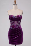 Purple Velvet Corset Bodycon Strapless Ruched Floral Short Homecoming Dress